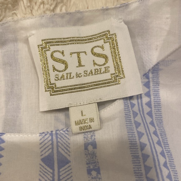 SAIL to SABLE white with blue stripes cotton blouse with pom poms  size Large - Picture 8 of 11